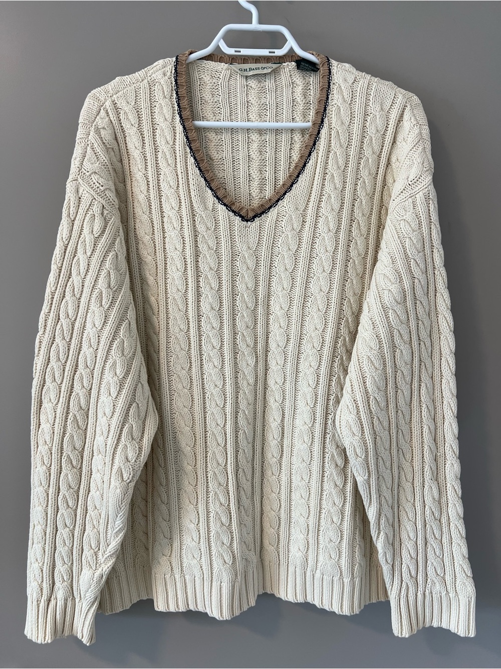 G.H. Bass & Co. Cream Cable Knit V-Neck Sweater with Tan & Navy Trim - Picture 2 of 3